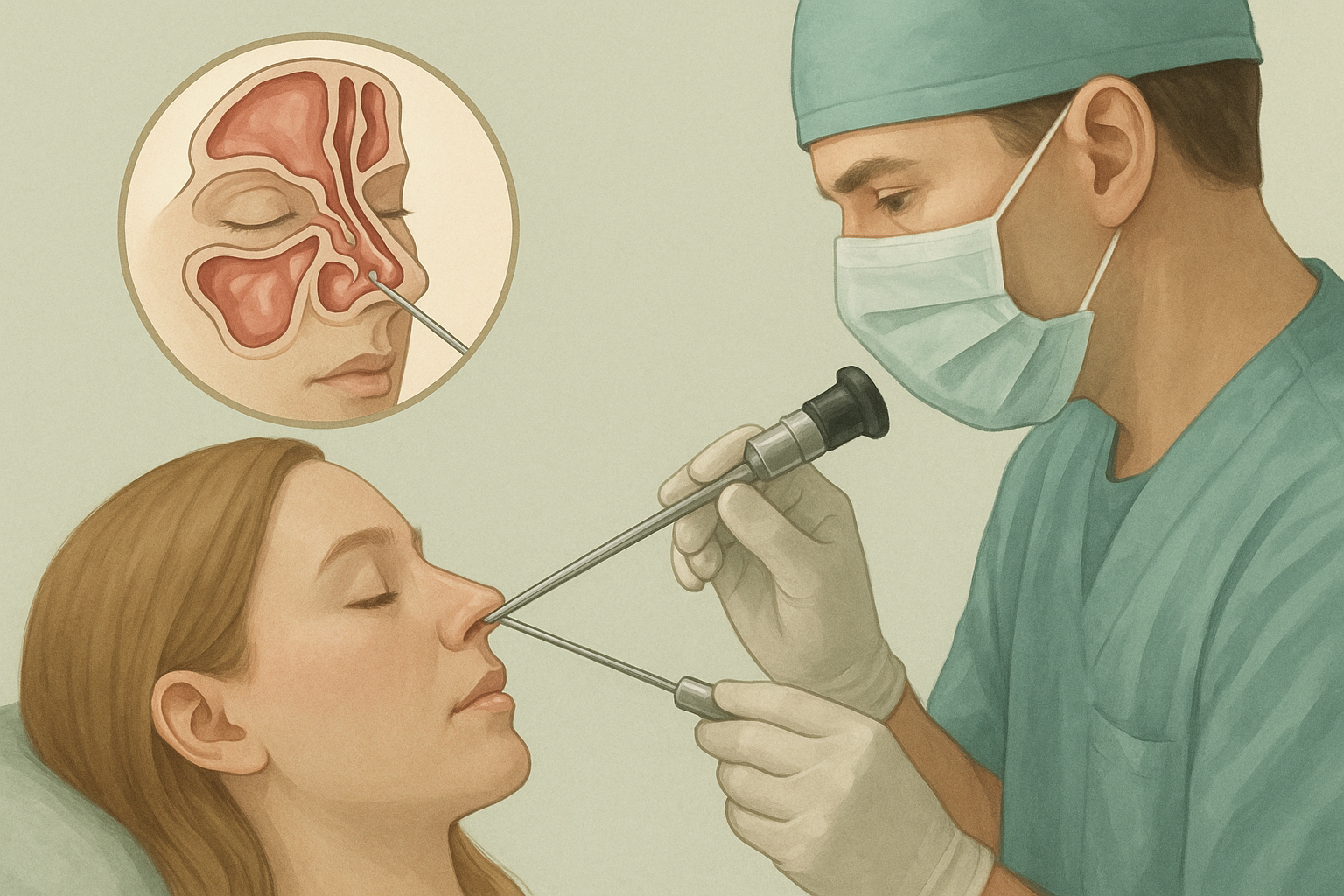 Illustration of endoscopic sinus surgery in a medical setting