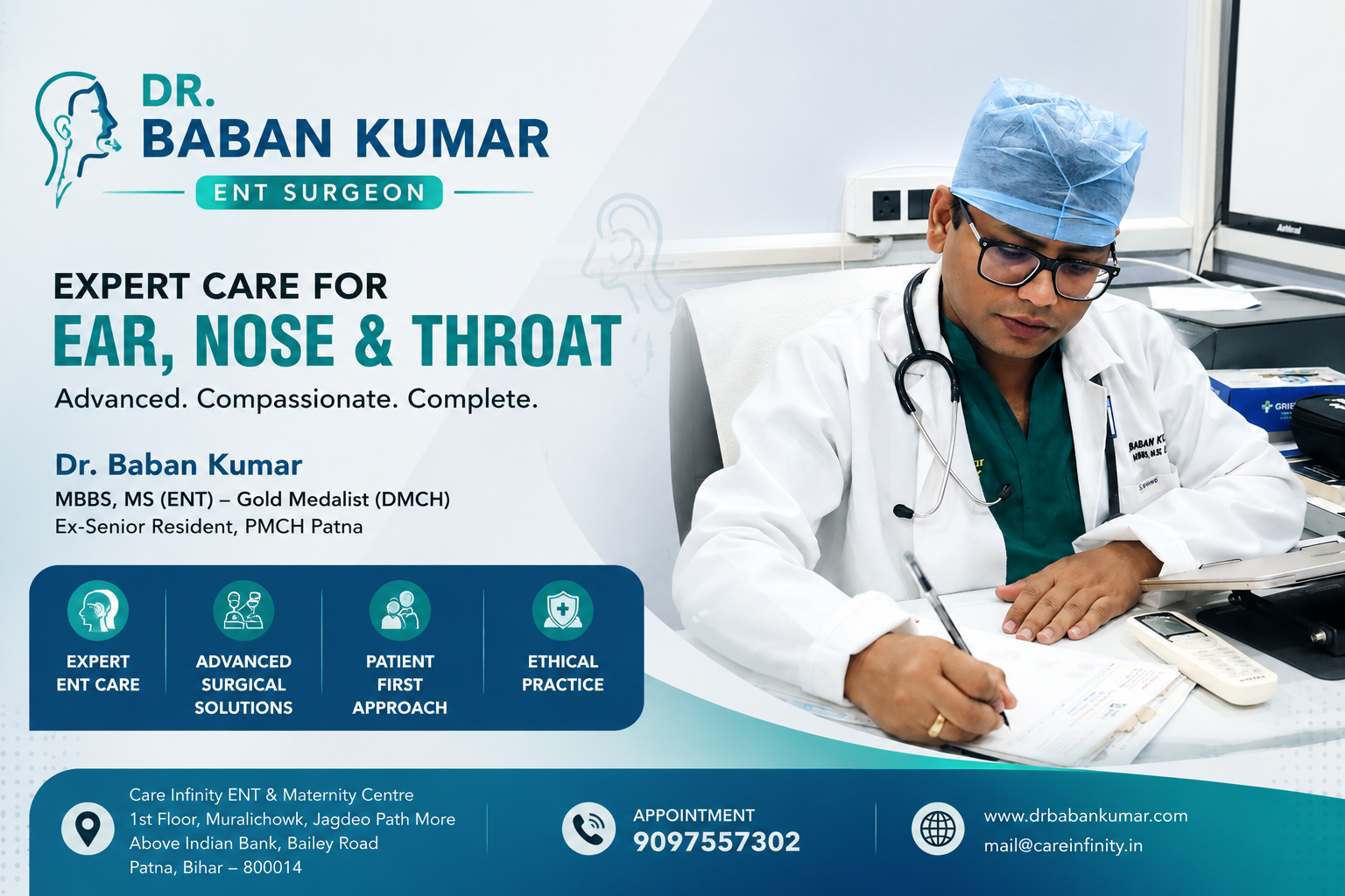 Dr. Baban Kumar, ENT Surgeon in Patna, consulting a patient at Care Infinity ENT & Maternity Centre